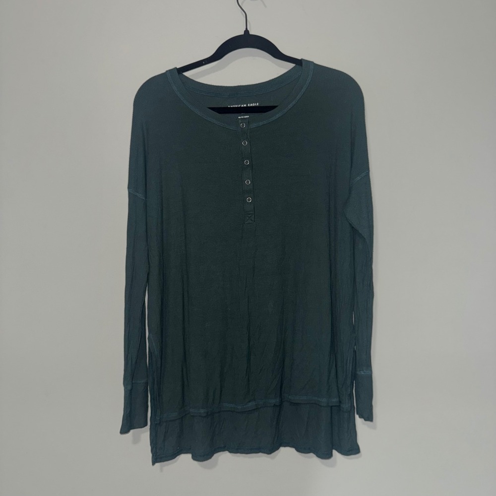 American Eagle Soft & Sexy Ribbed Henley Top Dark Green XS Oversized Long Sleeve